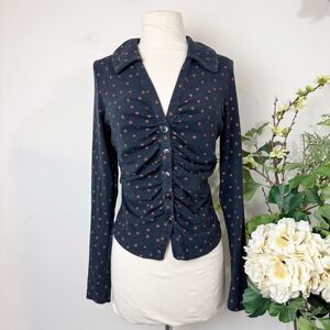 Maeve by Anthropologie Ruched Button-Down Collared Top Polka Dot | Large